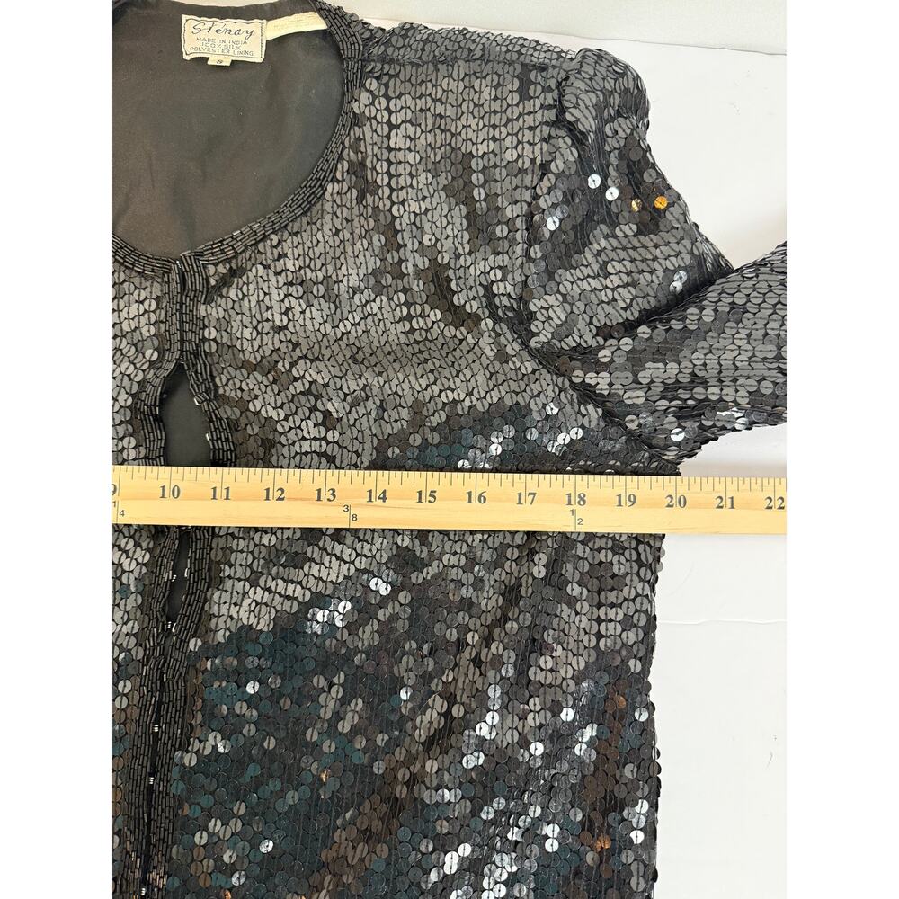 Vintage Stenay 100% Silk Black Sequin Long Sleeve Top Beaded Trim Size S 80s - Picture 4 of 6